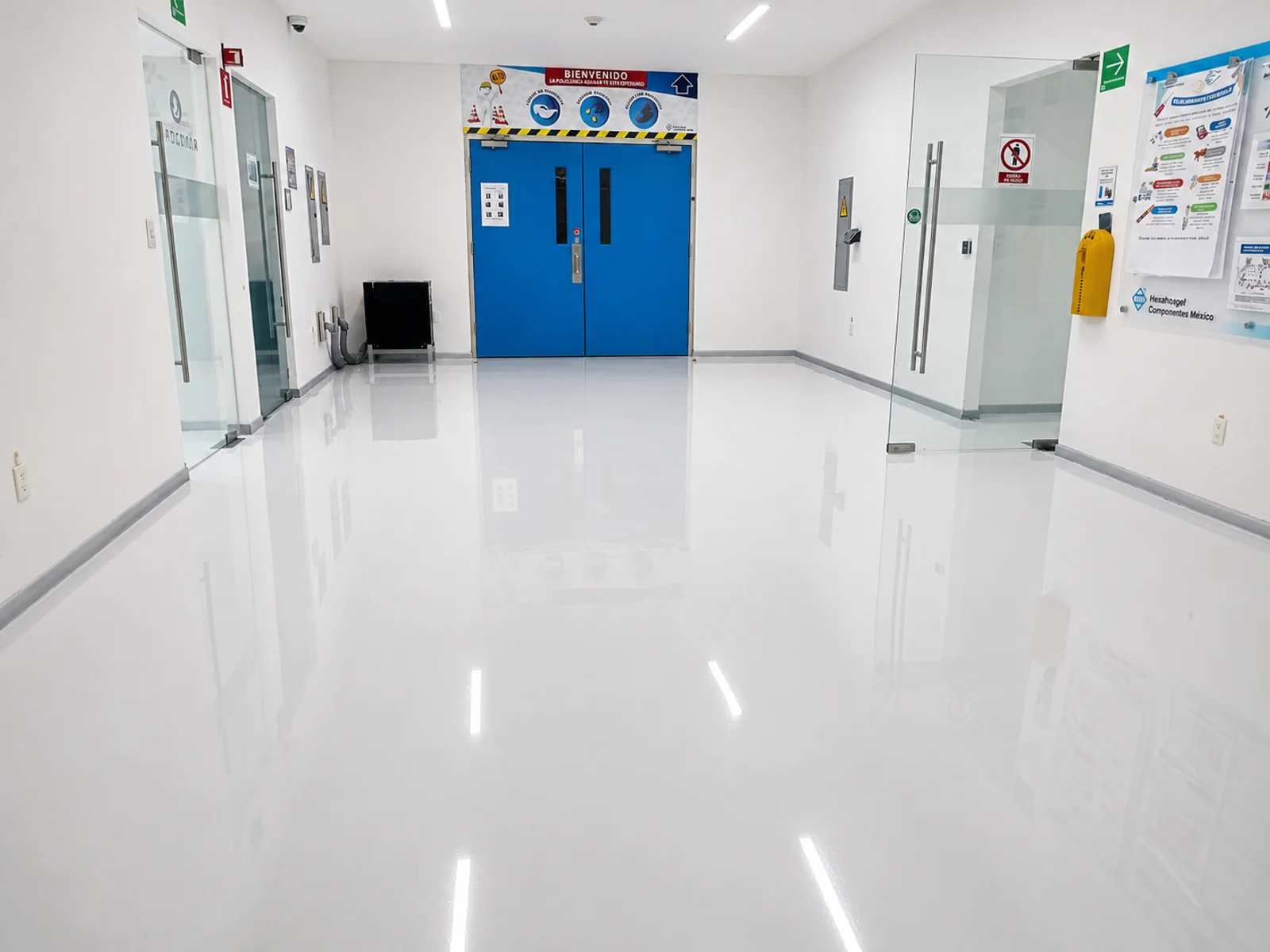 Sello epóxico y poliuretano — Aplicación industrial · Sello epóxico y poliuretano en planta · PR Epóxicos México